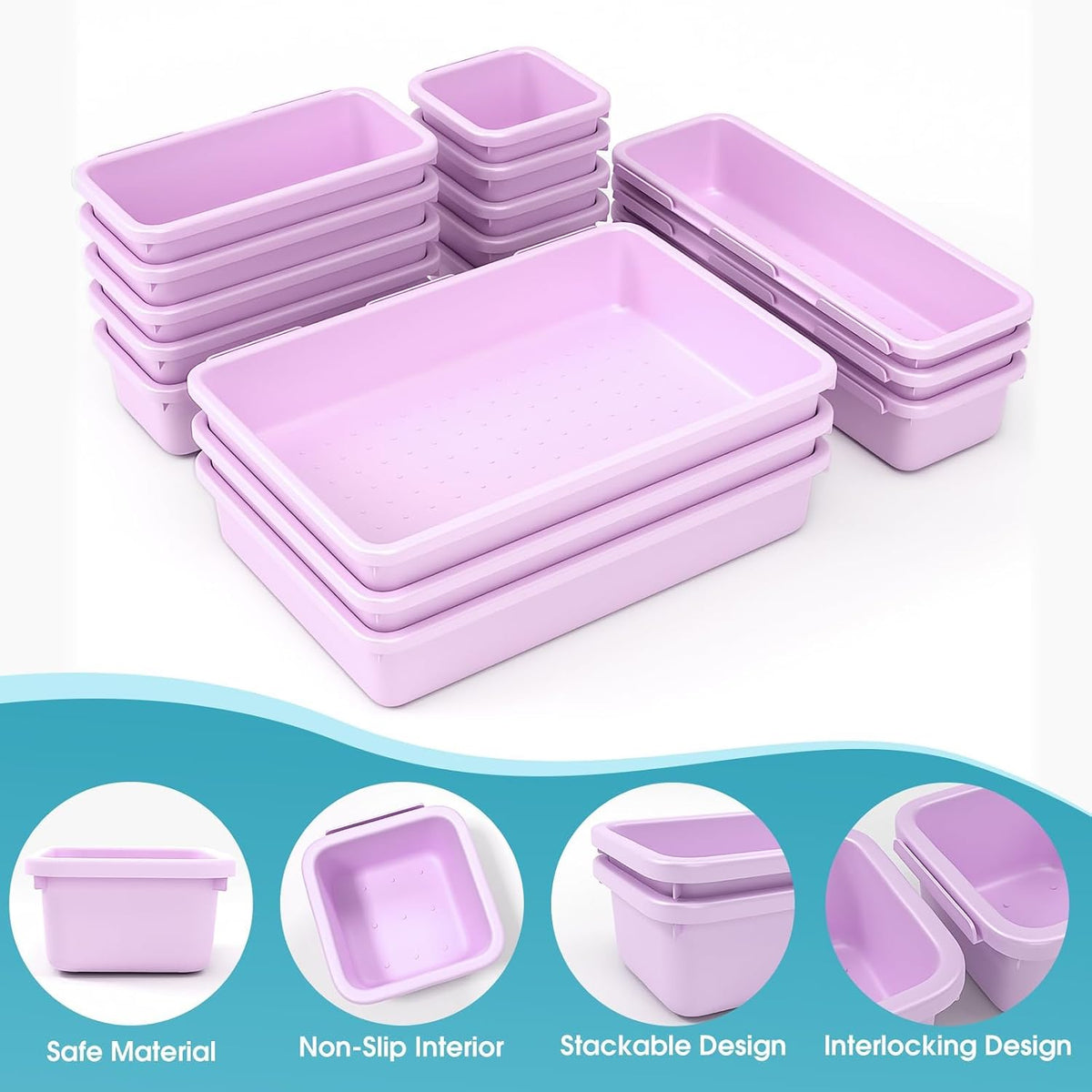 10 PCS Drawer Organizer Set, 4 Size Makeup Drawer Divider Organizer With Non-Slip Pads, Interlocking Plastic Storage Bins for Office,Jewelry Vanity,Gadgets, Bathroom,Kitchen, Black