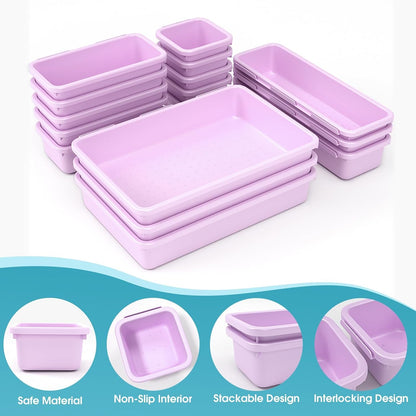 10 PCS Drawer Organizer Set, 4 Size Makeup Drawer Divider Organizer With Non-Slip Pads, Interlocking Plastic Storage Bins for Office,Jewelry Vanity,Gadgets, Bathroom,Kitchen, Black