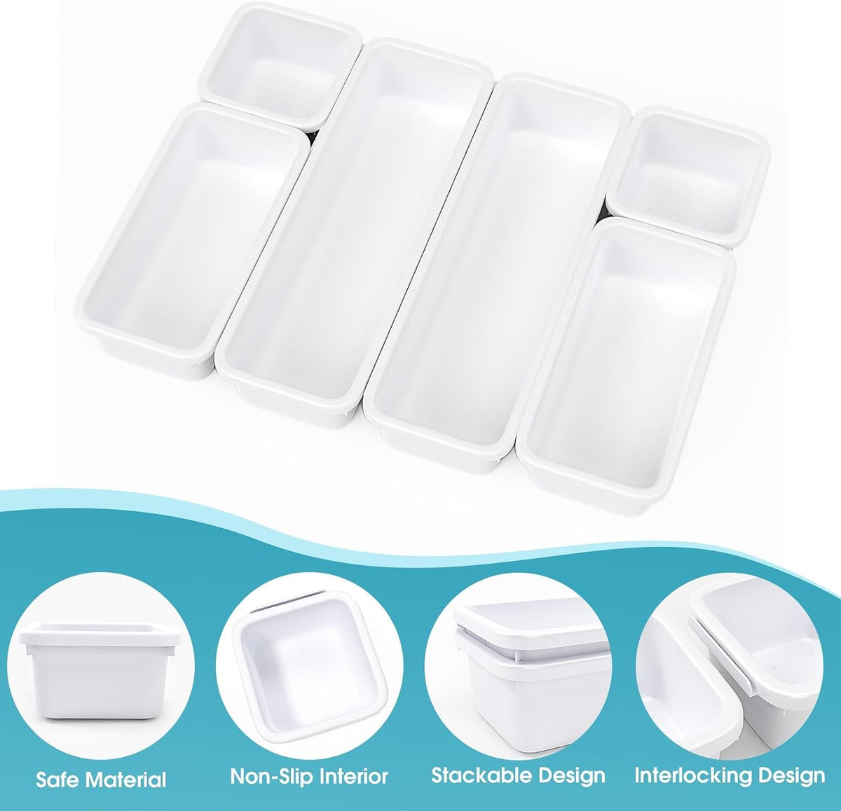 10 PCS Drawer Organizer Set, 4 Size Makeup Drawer Divider Organizer With Non-Slip Pads, Interlocking Plastic Storage Bins for Office,Jewelry Vanity,Gadgets, Bathroom,Kitchen, Black