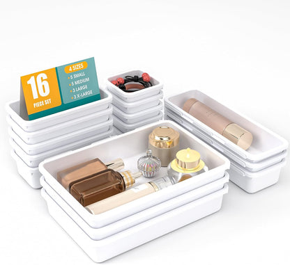 10 PCS Drawer Organizer Set, 4 Size Makeup Drawer Divider Organizer With Non-Slip Pads, Interlocking Plastic Storage Bins for Office,Jewelry Vanity,Gadgets, Bathroom,Kitchen, Black
