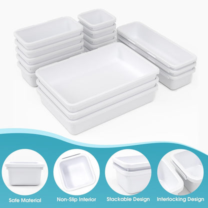 10 PCS Drawer Organizer Set, 4 Size Makeup Drawer Divider Organizer With Non-Slip Pads, Interlocking Plastic Storage Bins for Office,Jewelry Vanity,Gadgets, Bathroom,Kitchen, Black
