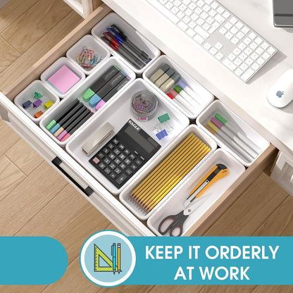 10 PCS Drawer Organizer Set, 4 Size Makeup Drawer Divider Organizer With Non-Slip Pads, Interlocking Plastic Storage Bins for Office,Jewelry Vanity,Gadgets, Bathroom,Kitchen, Black