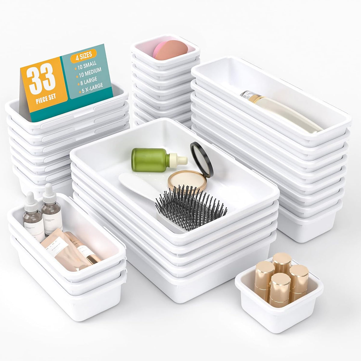 10 PCS Drawer Organizer Set, 4 Size Makeup Drawer Divider Organizer With Non-Slip Pads, Interlocking Plastic Storage Bins for Office,Jewelry Vanity,Gadgets, Bathroom,Kitchen, Black