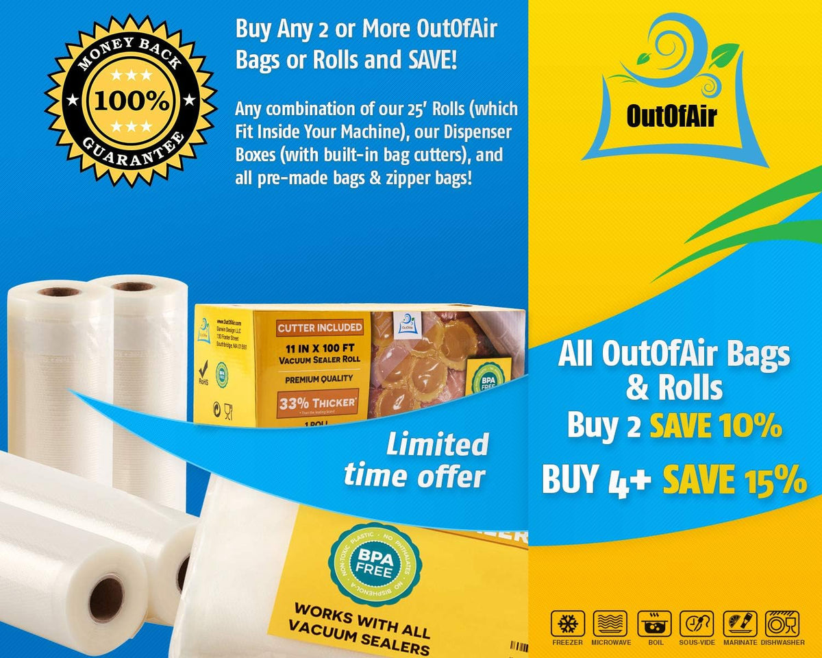 6" x 100' Mega Roll & Cutter Box Vacuum Sealer Bags Roll (No More Scissors) 4 mil 100 Foot OutOfAir, 33% Thicker, BPA Free, Sous Vide, Commercial Grade, Works with FoodSaver Sealers