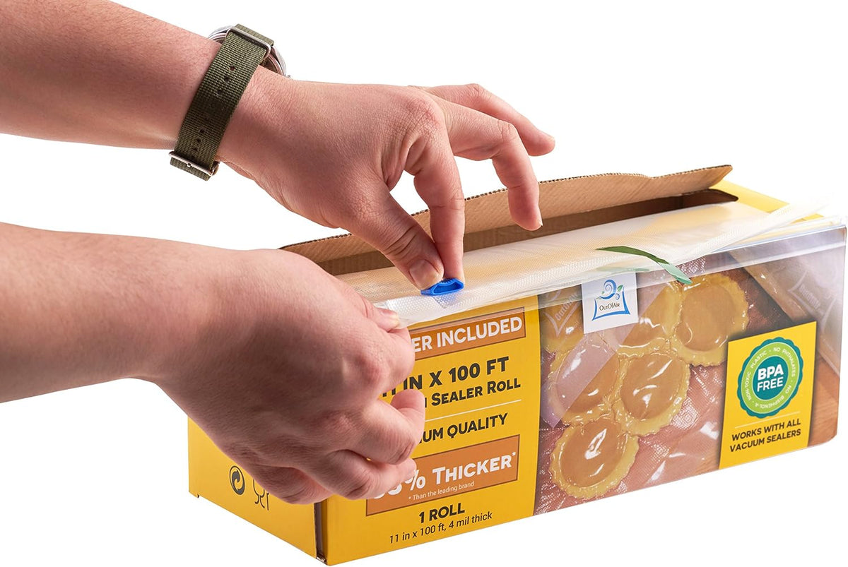 6" x 100' Mega Roll & Cutter Box Vacuum Sealer Bags Roll (No More Scissors) 4 mil 100 Foot OutOfAir, 33% Thicker, BPA Free, Sous Vide, Commercial Grade, Works with FoodSaver Sealers