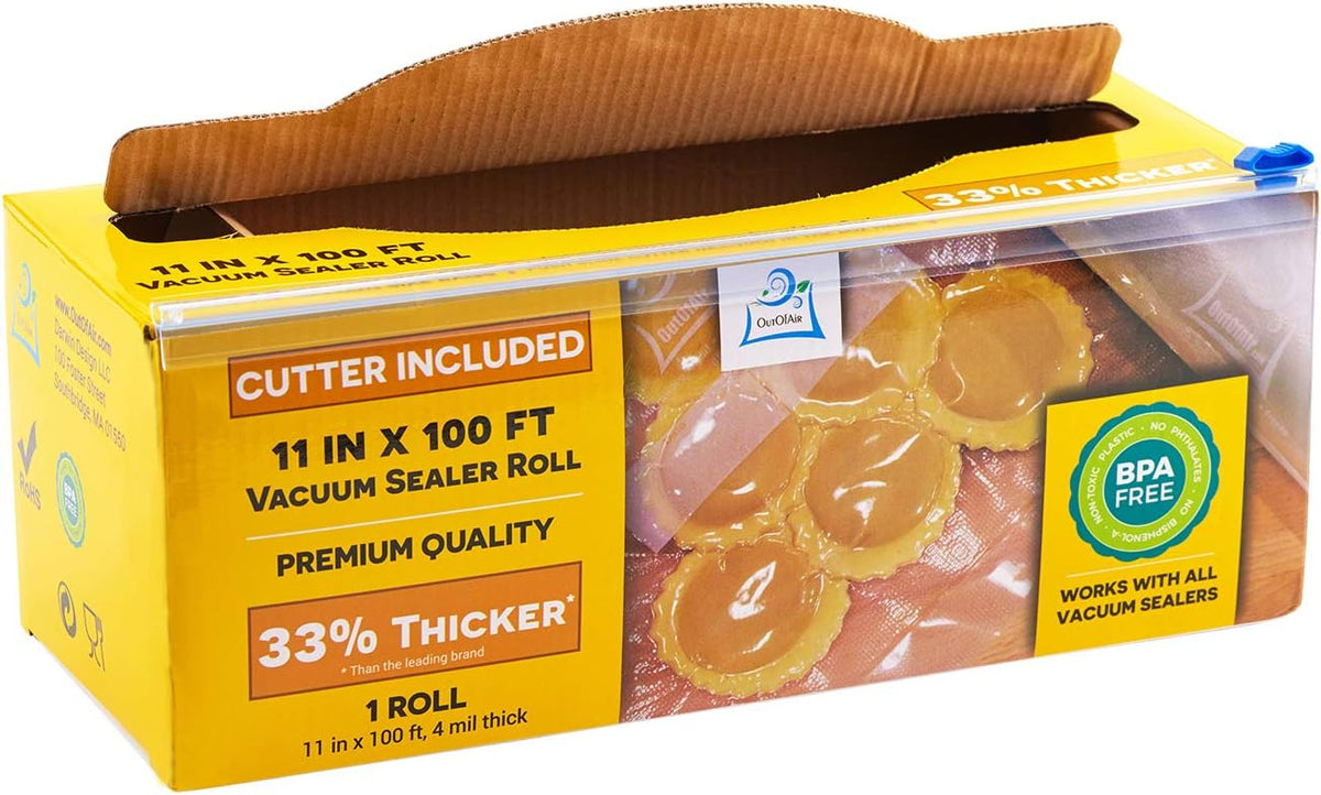 6" x 100' Mega Roll & Cutter Box Vacuum Sealer Bags Roll (No More Scissors) 4 mil 100 Foot OutOfAir, 33% Thicker, BPA Free, Sous Vide, Commercial Grade, Works with FoodSaver Sealers