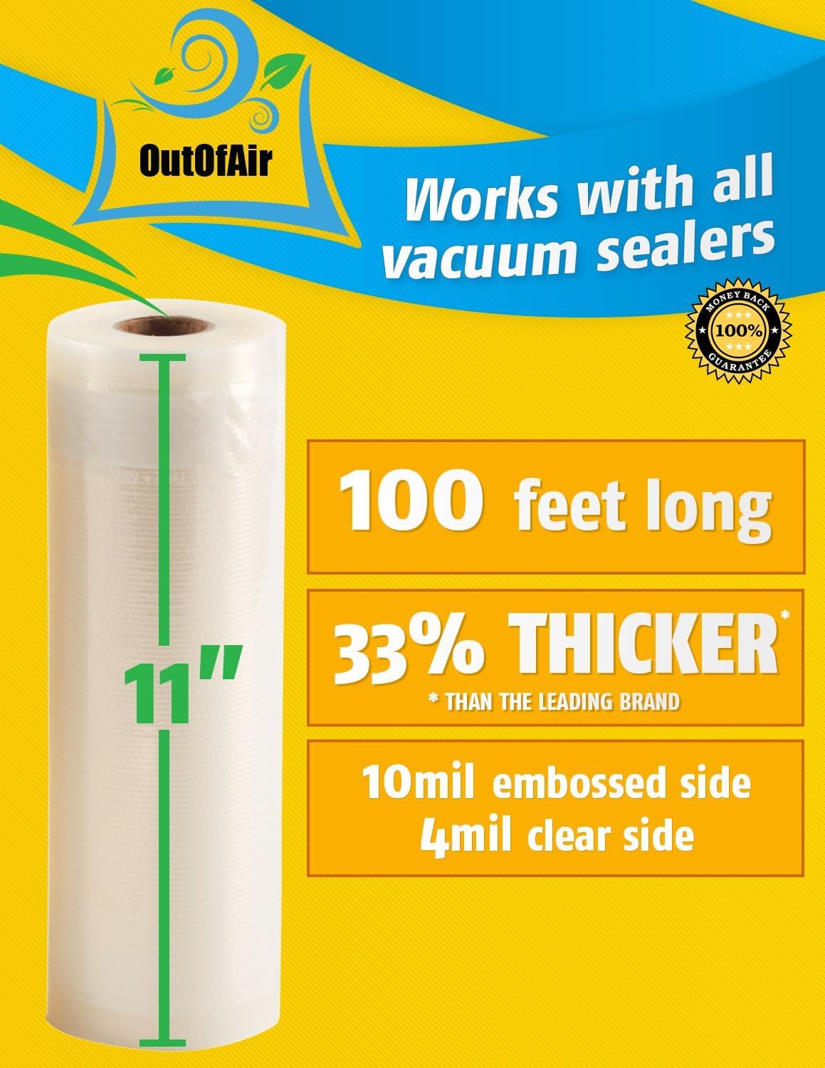 6" x 100' Mega Roll & Cutter Box Vacuum Sealer Bags Roll (No More Scissors) 4 mil 100 Foot OutOfAir, 33% Thicker, BPA Free, Sous Vide, Commercial Grade, Works with FoodSaver Sealers