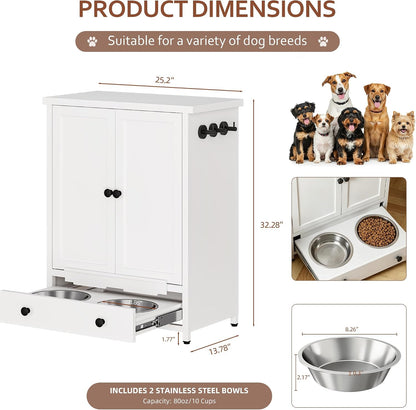 Dog Feeding Station with Storage, Metal Dog Food Storage Cabinet with 2 Elevated Bowls and 3 Hooks, Pet Feeding Station and Dogs Food Storage Organizer