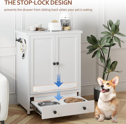 Dog Feeding Station with Storage, Metal Dog Food Storage Cabinet with 2 Elevated Bowls and 3 Hooks, Pet Feeding Station and Dogs Food Storage Organizer