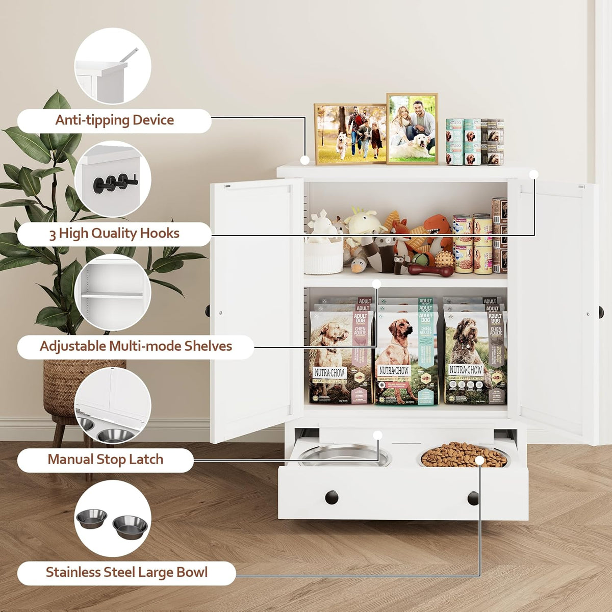 Dog Feeding Station with Storage, Metal Dog Food Storage Cabinet with 2 Elevated Bowls and 3 Hooks, Pet Feeding Station and Dogs Food Storage Organizer