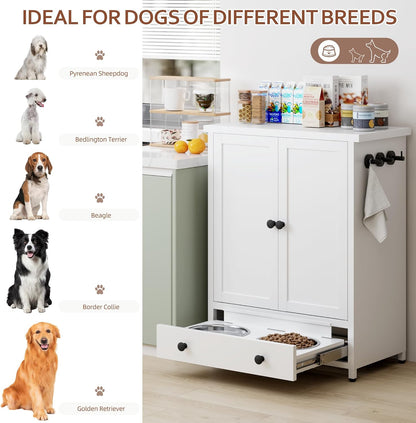 Dog Feeding Station with Storage, Metal Dog Food Storage Cabinet with 2 Elevated Bowls and 3 Hooks, Pet Feeding Station and Dogs Food Storage Organizer
