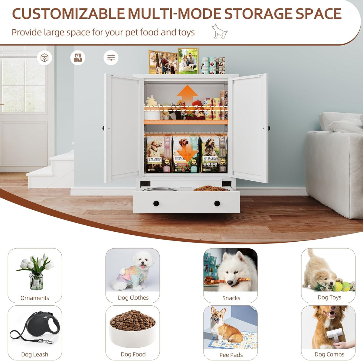 Dog Feeding Station with Storage, Metal Dog Food Storage Cabinet with 2 Elevated Bowls and 3 Hooks, Pet Feeding Station and Dogs Food Storage Organizer