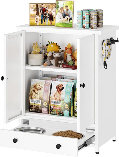 Dog Feeding Station with Storage, Metal Dog Food Storage Cabinet with 2 Elevated Bowls and 3 Hooks, Pet Feeding Station and Dogs Food Storage Organizer