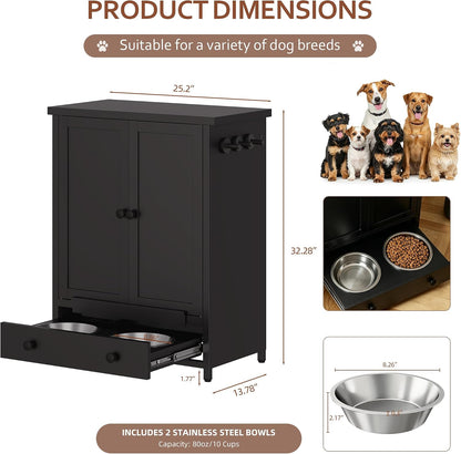 Dog Feeding Station with Storage, Metal Dog Food Storage Cabinet with 2 Elevated Bowls and 3 Hooks, Pet Feeding Station and Dogs Food Storage Organizer