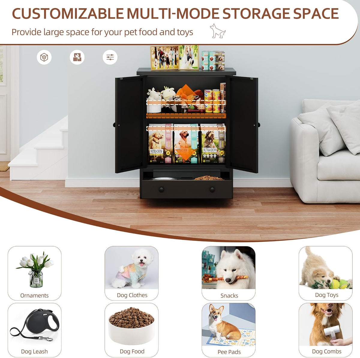 Dog Feeding Station with Storage, Metal Dog Food Storage Cabinet with 2 Elevated Bowls and 3 Hooks, Pet Feeding Station and Dogs Food Storage Organizer