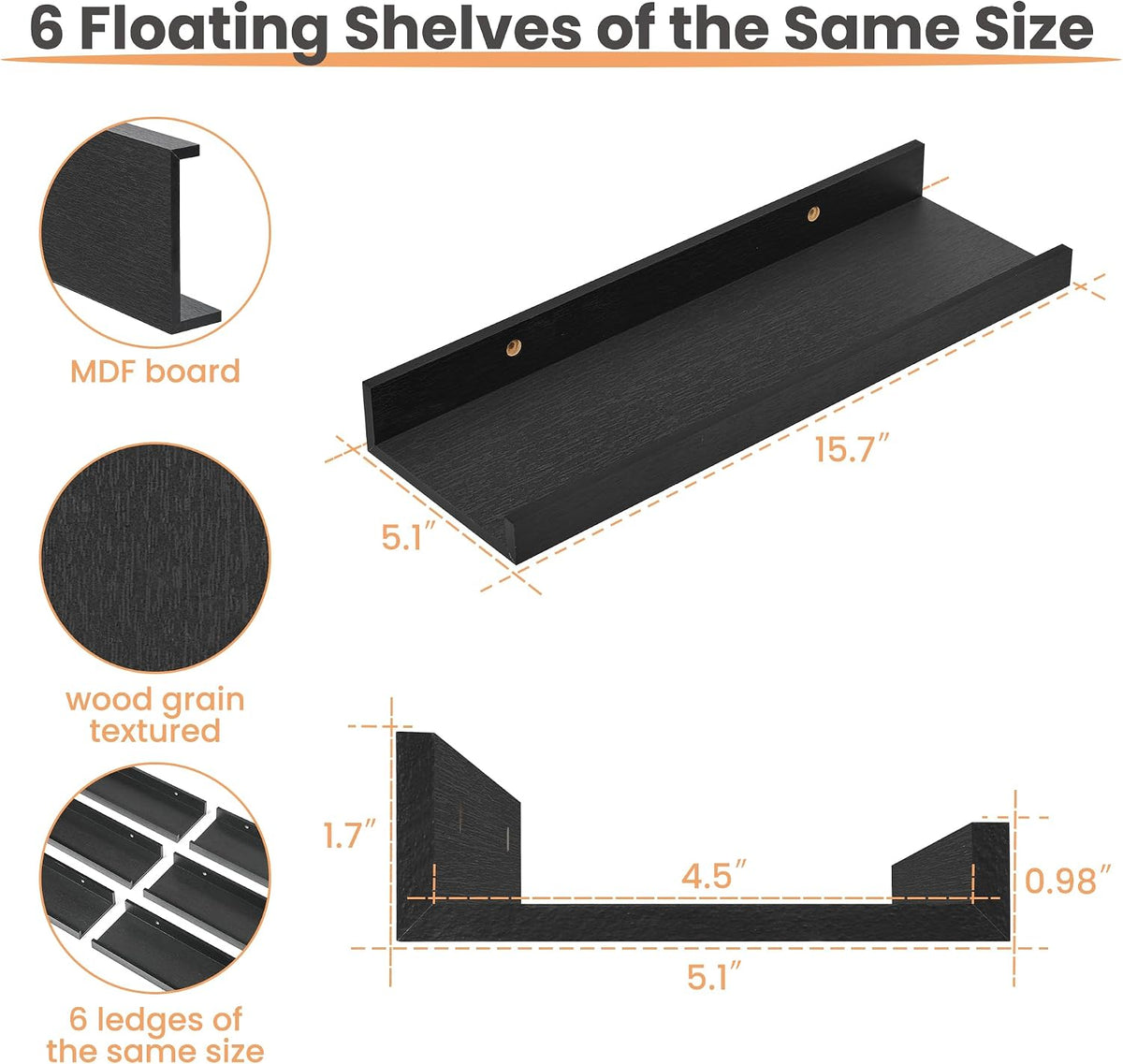 Floating Shelves for Wall Decor and Storage, Brown, 6Pcs 15.7''