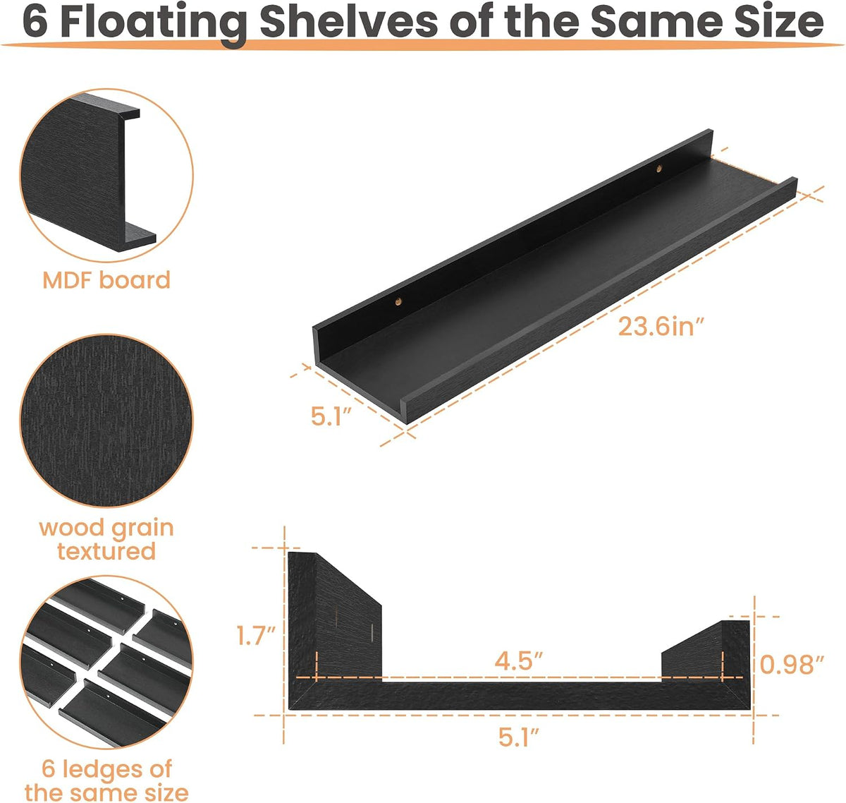 Floating Shelves for Wall Decor and Storage, Brown, 6Pcs 15.7''