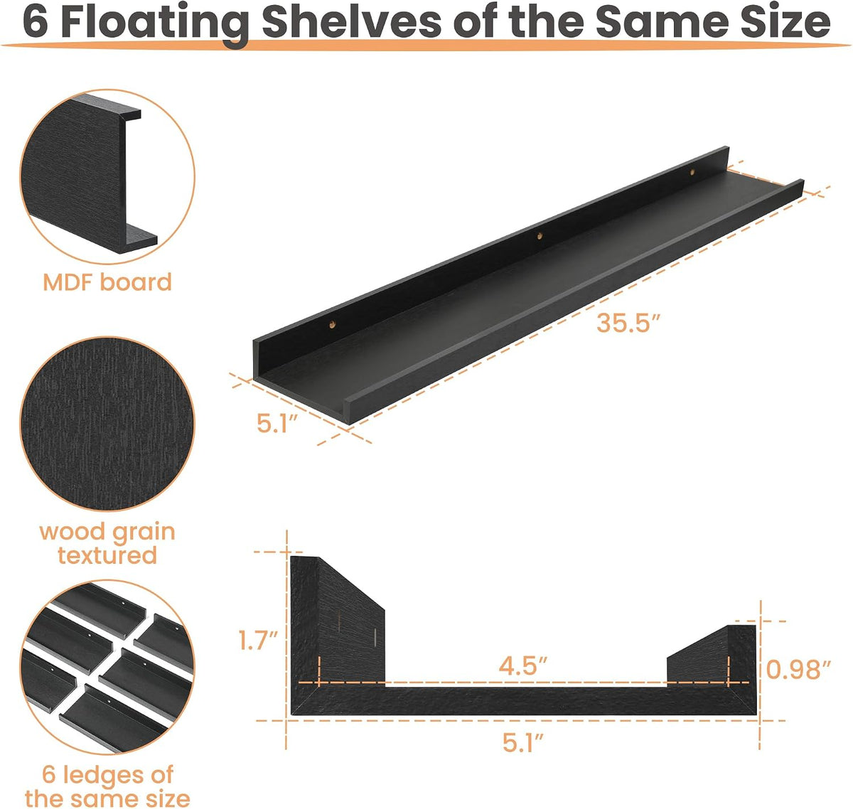 Floating Shelves for Wall Decor and Storage, Brown, 6Pcs 15.7''