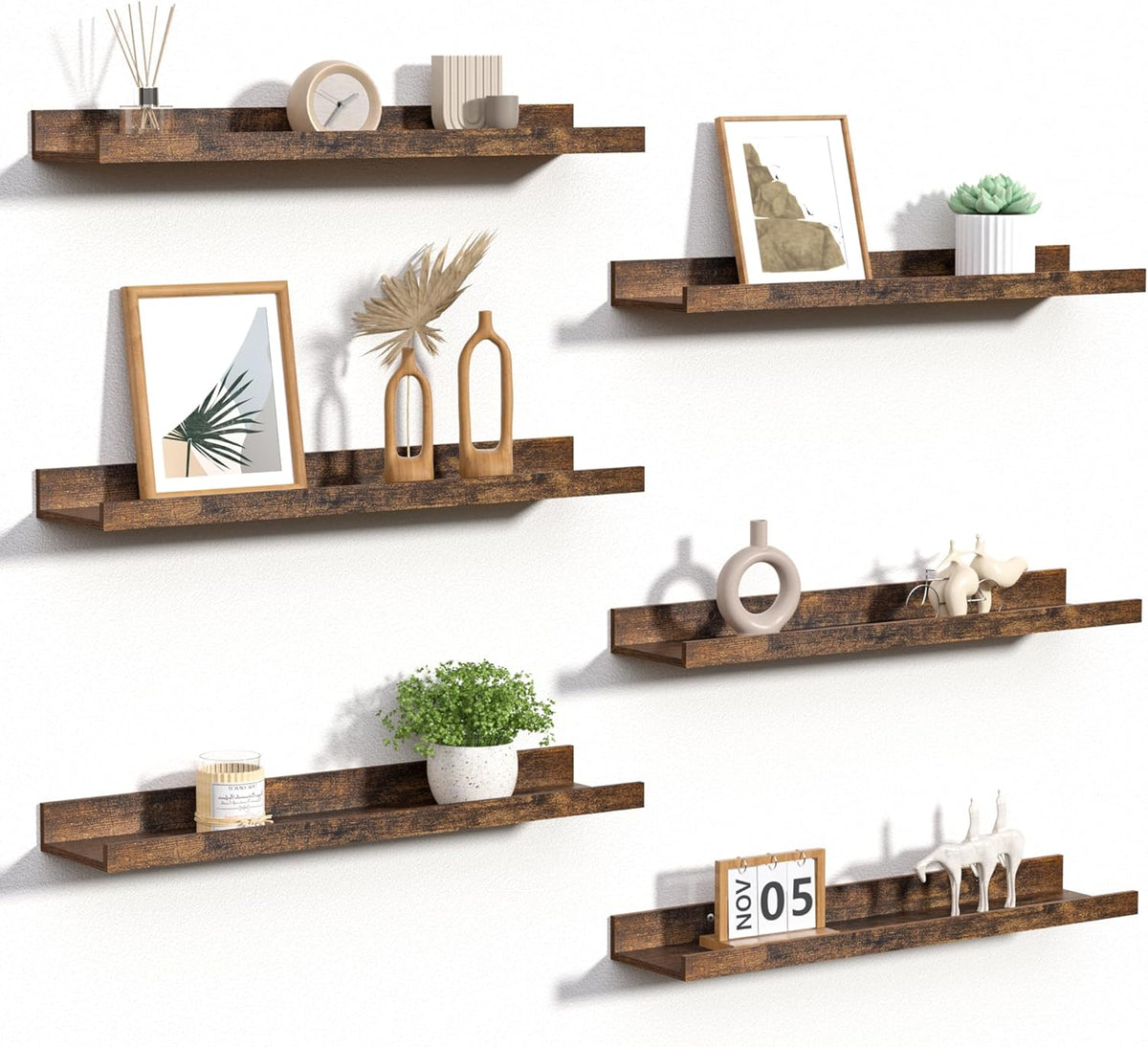 Floating Shelves for Wall Decor and Storage, Brown, 6Pcs 15.7''