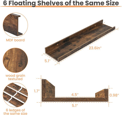 Floating Shelves for Wall Decor and Storage, Brown, 6Pcs 15.7''