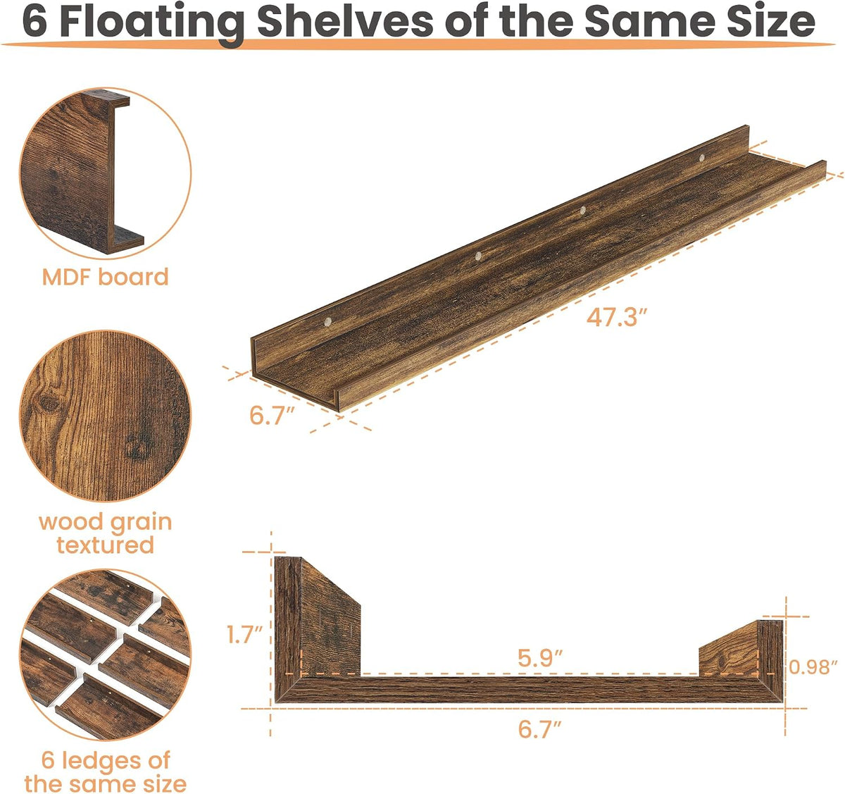 Floating Shelves for Wall Decor and Storage, Brown, 6Pcs 15.7''
