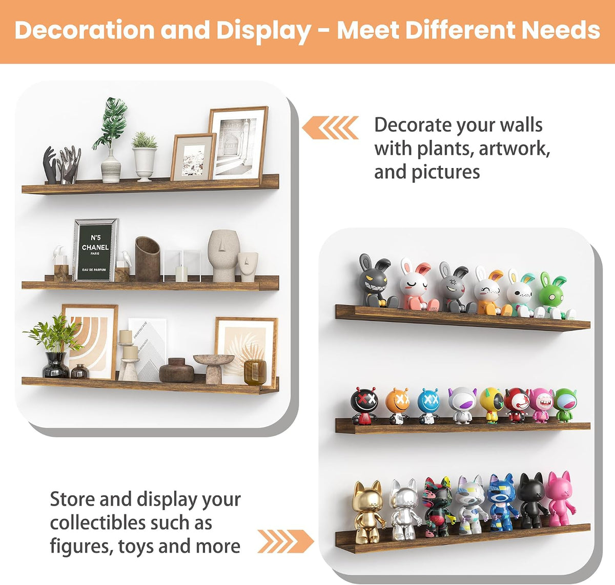 Floating Shelves for Wall Decor and Storage, Brown, 6Pcs 15.7''
