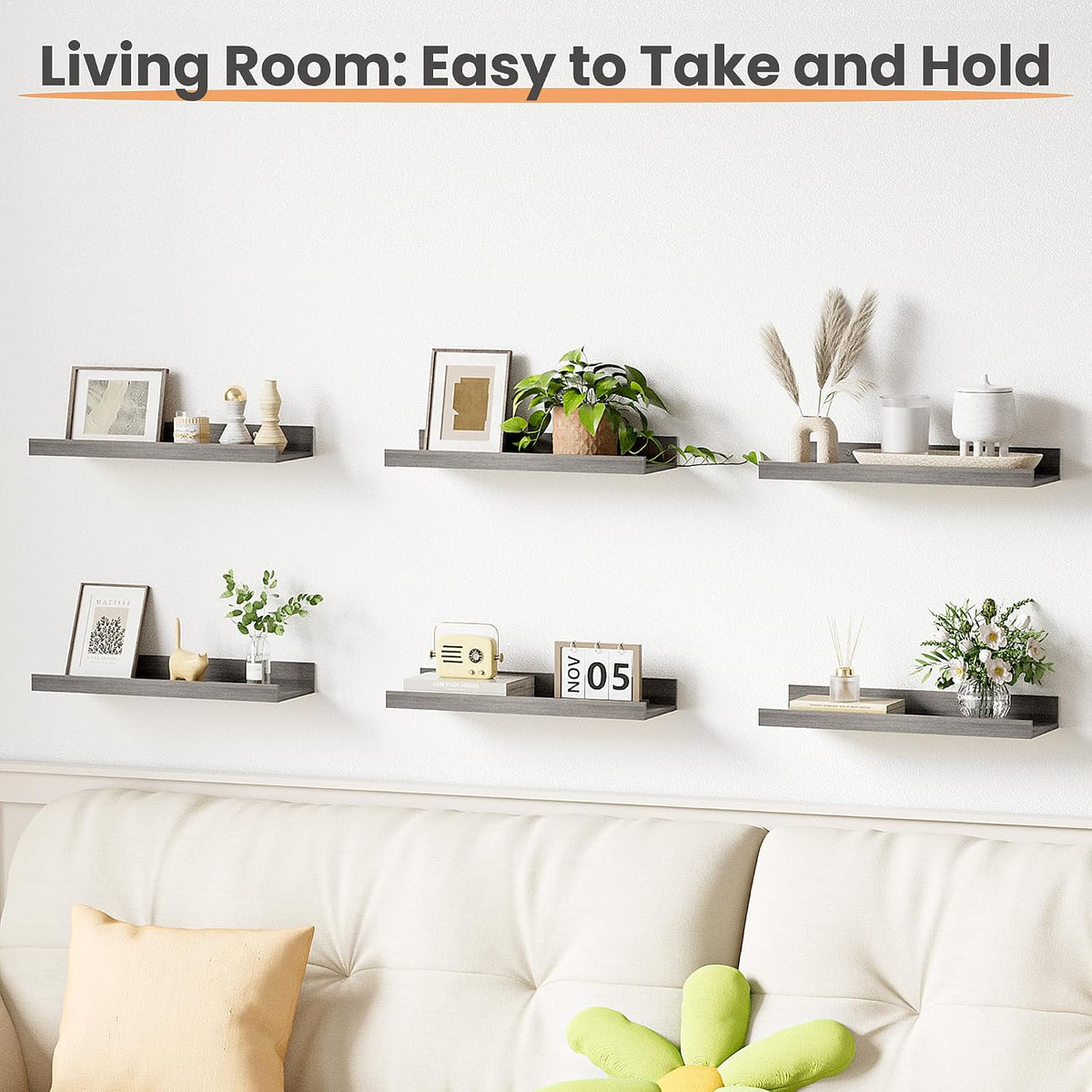 Floating Shelves for Wall Decor and Storage, Brown, 6Pcs 15.7''