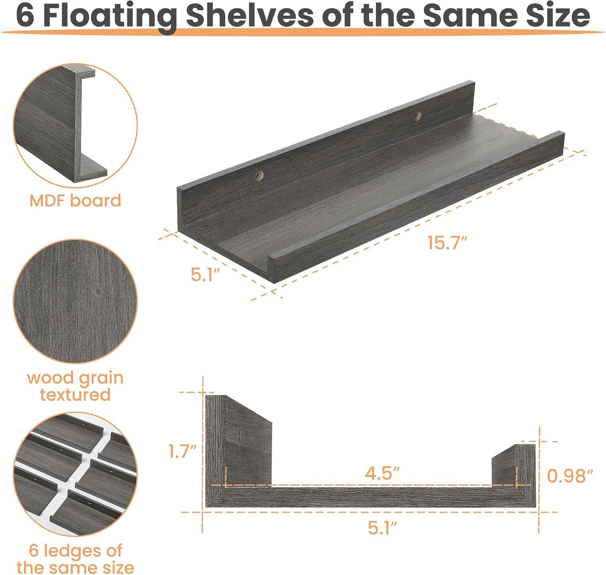 Floating Shelves for Wall Decor and Storage, Brown, 6Pcs 15.7''