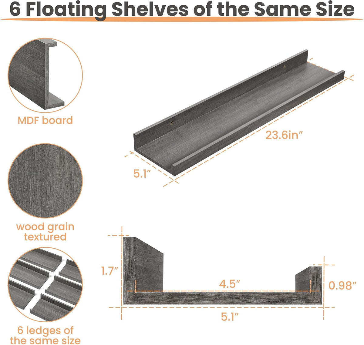 Floating Shelves for Wall Decor and Storage, Brown, 6Pcs 15.7''