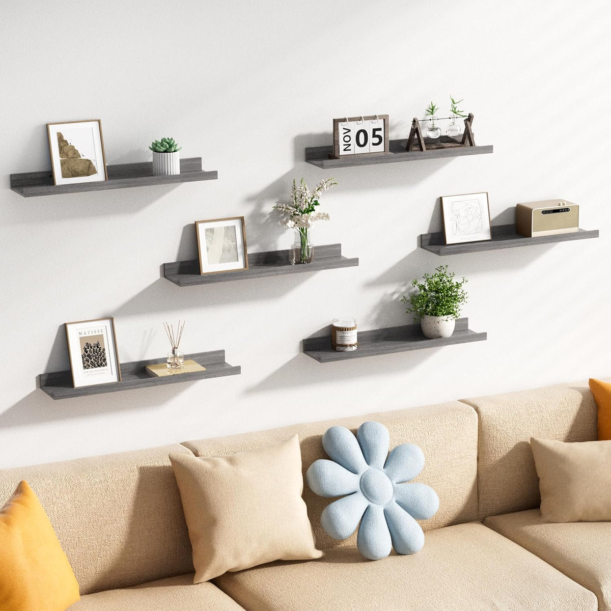 Floating Shelves for Wall Decor and Storage, Brown, 6Pcs 15.7''