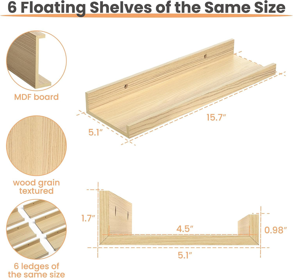 Floating Shelves for Wall Decor and Storage, Brown, 6Pcs 15.7''