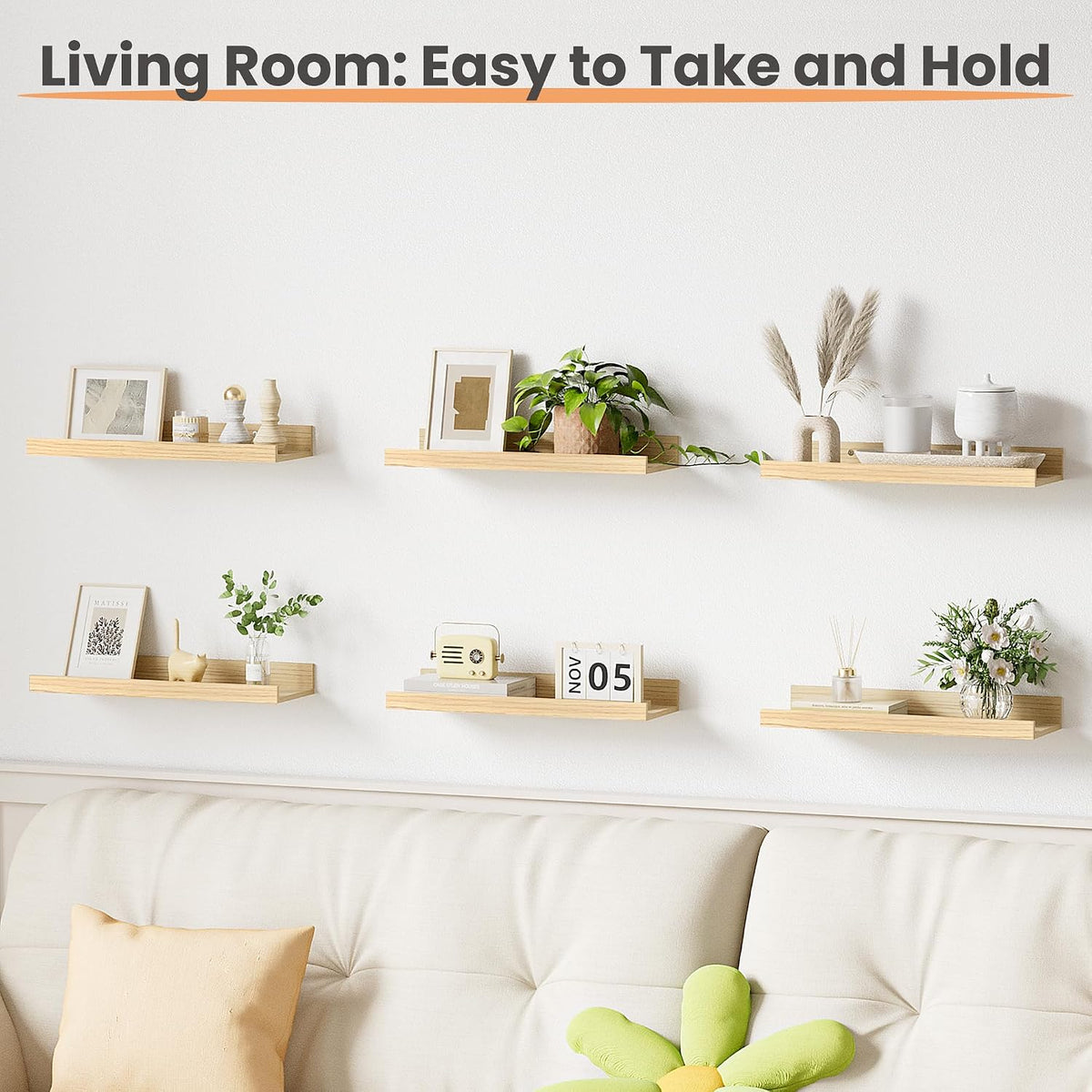 Floating Shelves for Wall Decor and Storage, Brown, 6Pcs 15.7''