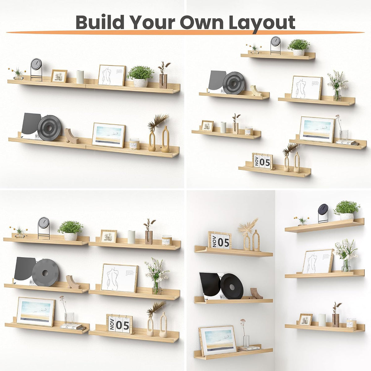Floating Shelves for Wall Decor and Storage, Brown, 6Pcs 15.7''