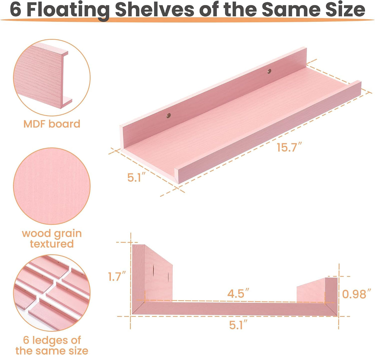Floating Shelves for Wall Decor and Storage, Brown, 6Pcs 15.7''