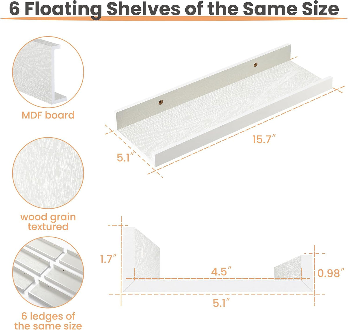 Floating Shelves for Wall Decor and Storage, Brown, 6Pcs 15.7''