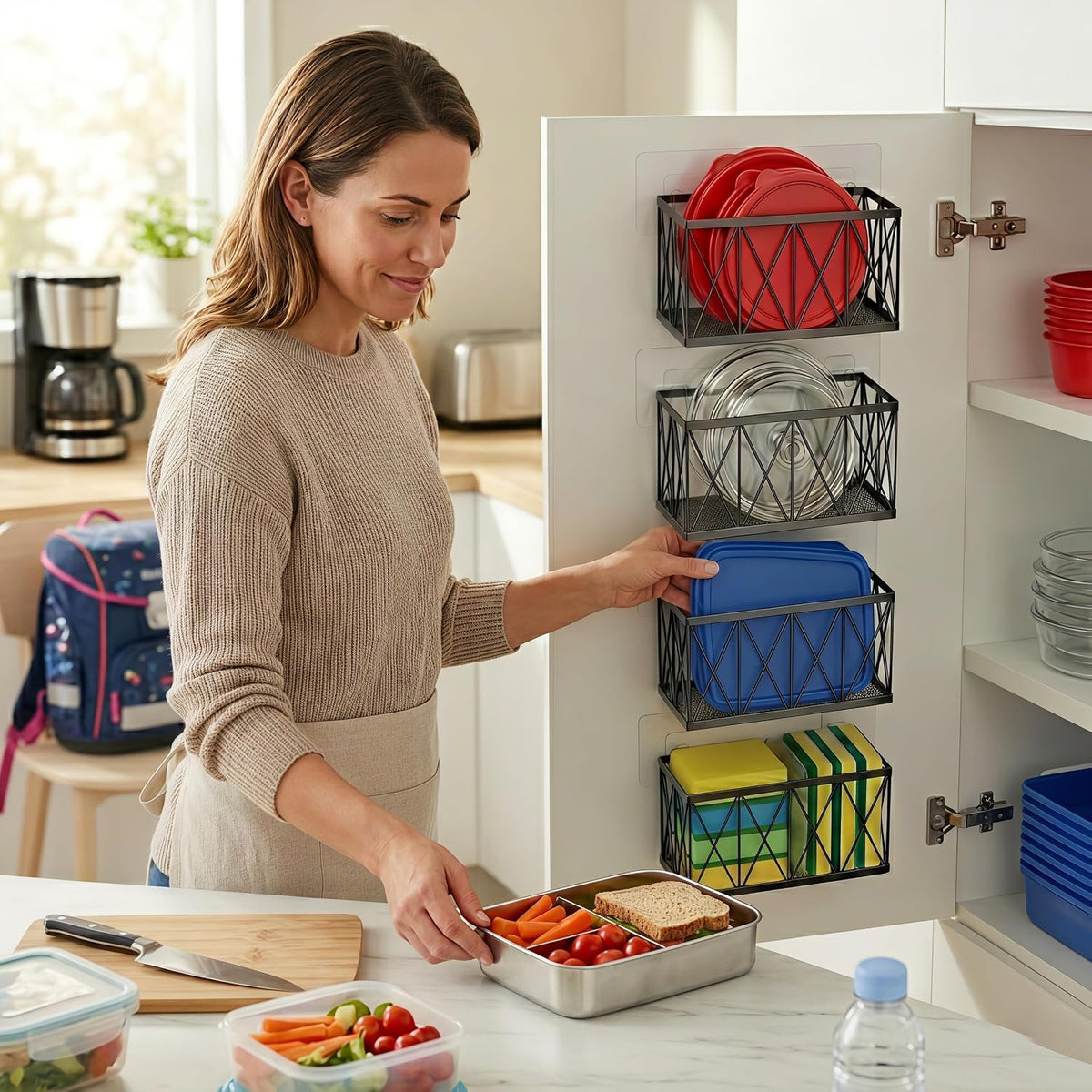 4 Pack Cabinet Door Organizer, Adhesive Inside Cabinet Door Storage for Kitchen Bathroom, Lid Organizer Compatible with Tupperware Pyrex, Wall Mounted Basket for Pantry Under Sink, Black