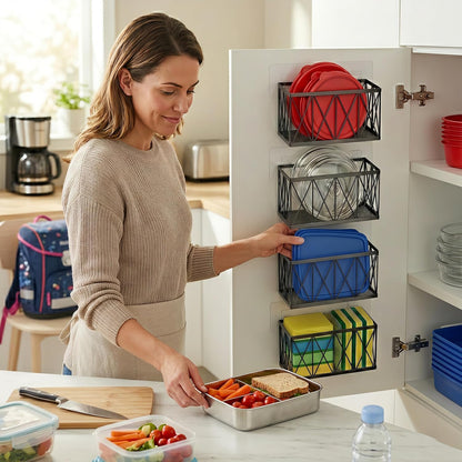 4 Pack Cabinet Door Organizer, Adhesive Inside Cabinet Door Storage for Kitchen Bathroom, Lid Organizer Compatible with Tupperware Pyrex, Wall Mounted Basket for Pantry Under Sink, Black