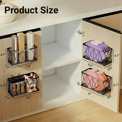 4 Pack Cabinet Door Organizer, Adhesive Inside Cabinet Door Storage for Kitchen Bathroom, Lid Organizer Compatible with Tupperware Pyrex, Wall Mounted Basket for Pantry Under Sink, Black
