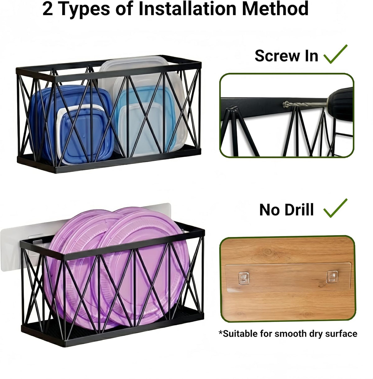 4 Pack Cabinet Door Organizer, Adhesive Inside Cabinet Door Storage for Kitchen Bathroom, Lid Organizer Compatible with Tupperware Pyrex, Wall Mounted Basket for Pantry Under Sink, Black
