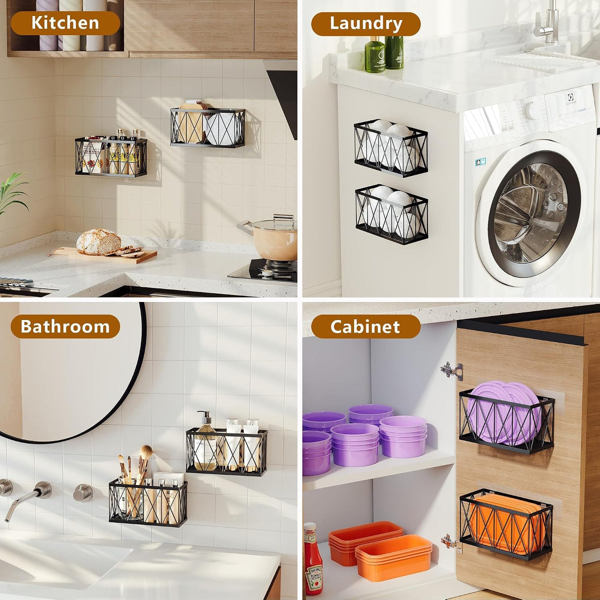 4 Pack Cabinet Door Organizer, Adhesive Inside Cabinet Door Storage for Kitchen Bathroom, Lid Organizer Compatible with Tupperware Pyrex, Wall Mounted Basket for Pantry Under Sink, Black