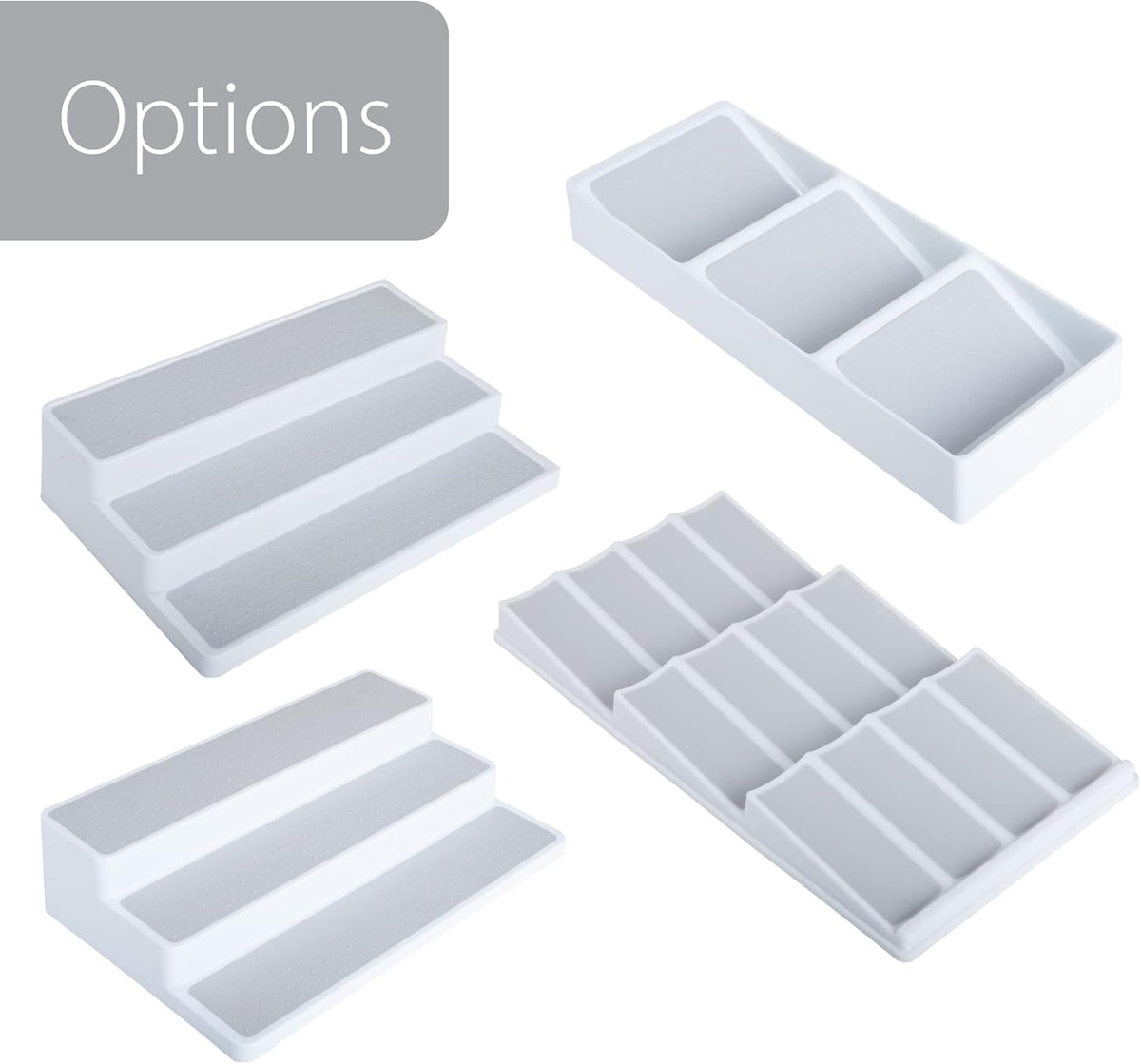 Smart Design 3 Section Plastic Spice Rack Drawer - Non-Slip Lining and Feet - BPA Free - Seasoning Jars, Makeup Storage, Countertop Bottle Tray, 3 Tier - Pantry Kitchen Organizer - White with Gray