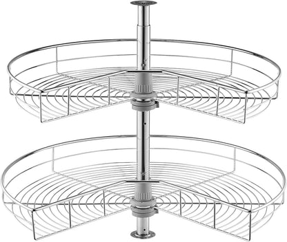 28" Kidney Shaped Chrome Corner Organizer, 360° Rotatble Kitchen Base Cabinet Blind Corner, 2 Tier Height Adjustable Storage Rack, Carbon Steel Lazy Susan Replacement Shelf for Cabinet Corner