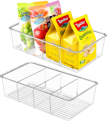 ZIZOTI Snack Organizer for Pantry Shelf, Clear Plastic Pantry Storage Bins with 3 Dividers for Snacks, Spices, Chips Food Organizer, Stackable Pantry Organizers for Kitchen, Fridge, Cabinet