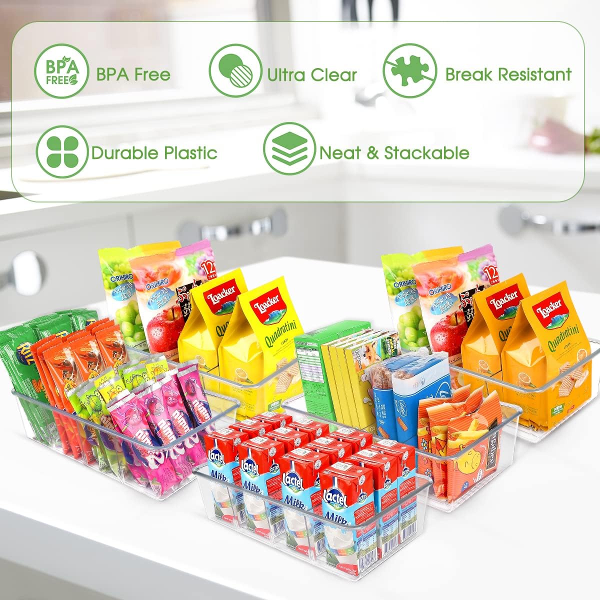 ZIZOTI Snack Organizer for Pantry Shelf, Clear Plastic Pantry Storage Bins with 3 Dividers for Snacks, Spices, Chips Food Organizer, Stackable Pantry Organizers for Kitchen, Fridge, Cabinet