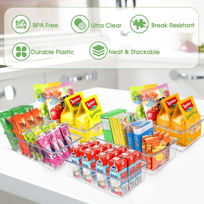 ZIZOTI Snack Organizer for Pantry Shelf, Clear Plastic Pantry Storage Bins with 3 Dividers for Snacks, Spices, Chips Food Organizer, Stackable Pantry Organizers for Kitchen, Fridge, Cabinet