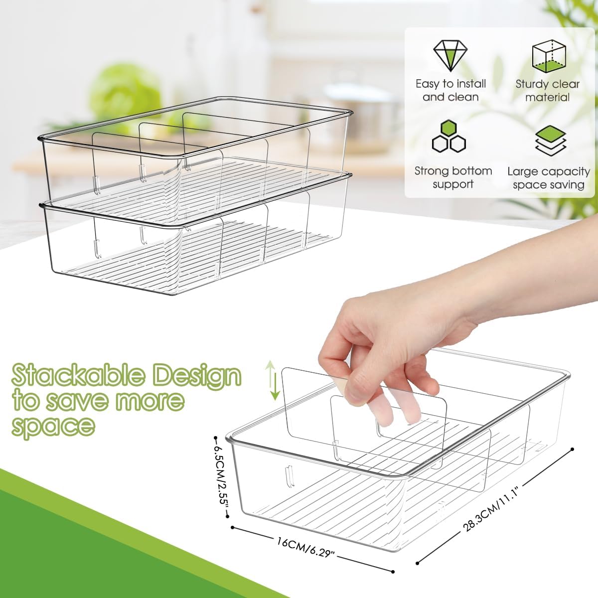 ZIZOTI Snack Organizer for Pantry Shelf, Clear Plastic Pantry Storage Bins with 3 Dividers for Snacks, Spices, Chips Food Organizer, Stackable Pantry Organizers for Kitchen, Fridge, Cabinet