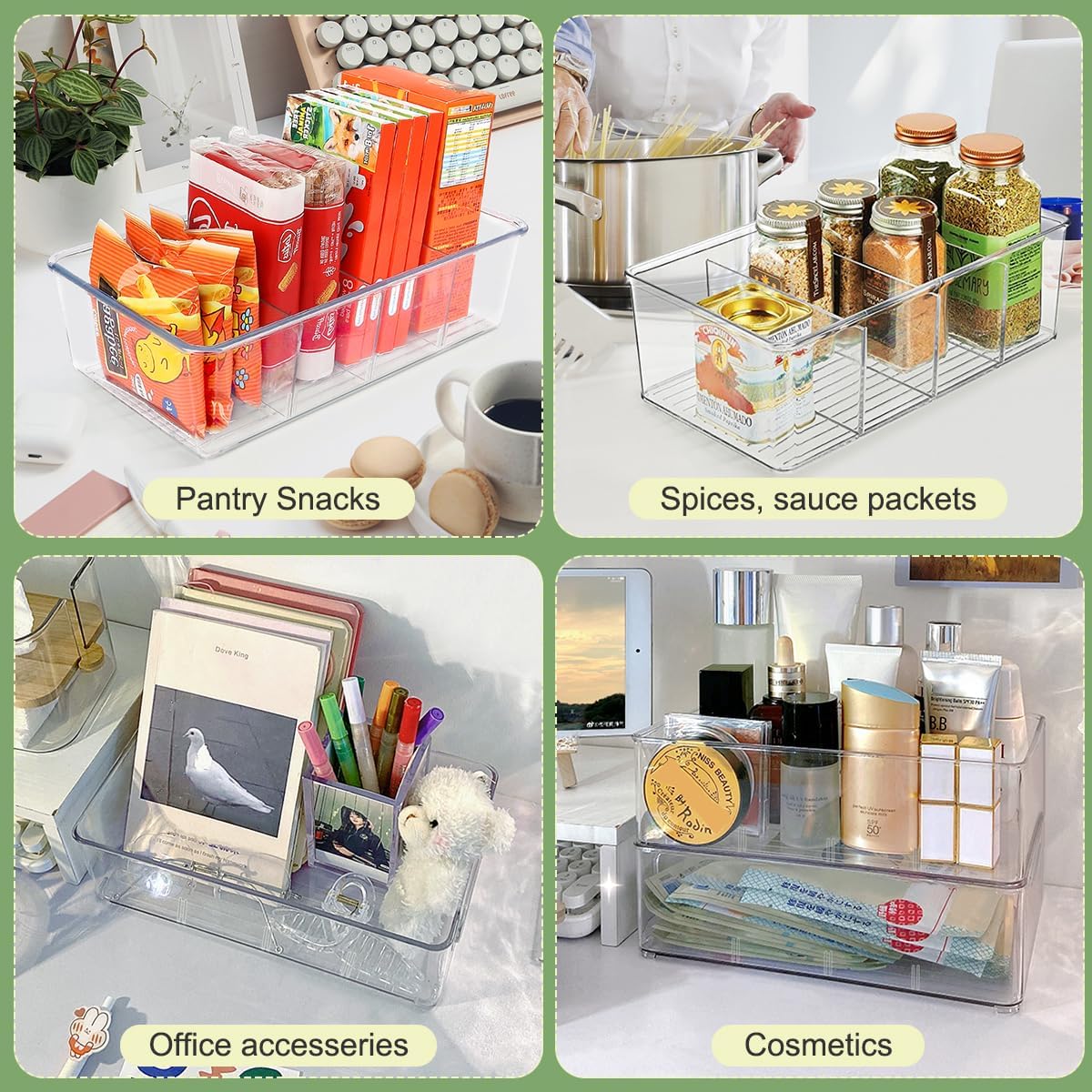 ZIZOTI Snack Organizer for Pantry Shelf, Clear Plastic Pantry Storage Bins with 3 Dividers for Snacks, Spices, Chips Food Organizer, Stackable Pantry Organizers for Kitchen, Fridge, Cabinet