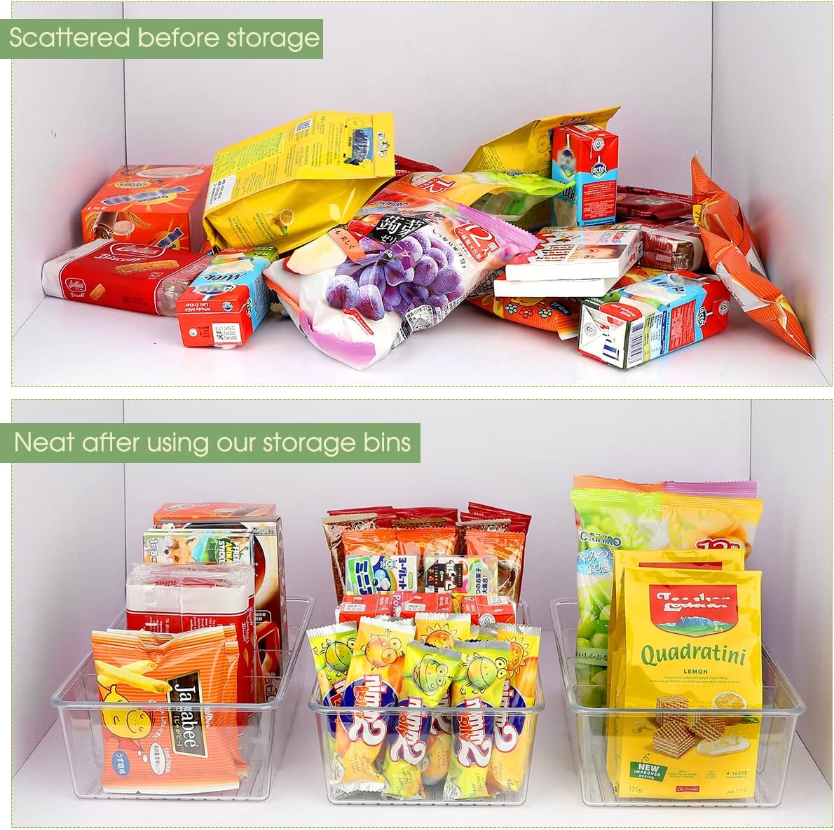 ZIZOTI Snack Organizer for Pantry Shelf, Clear Plastic Pantry Storage Bins with 3 Dividers for Snacks, Spices, Chips Food Organizer, Stackable Pantry Organizers for Kitchen, Fridge, Cabinet