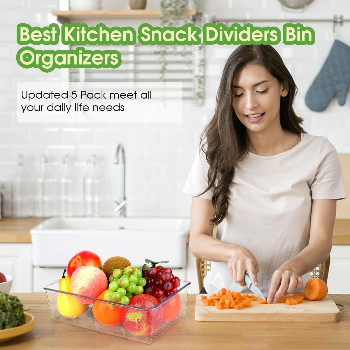 ZIZOTI Snack Organizer for Pantry Shelf, Clear Plastic Pantry Storage Bins with 3 Dividers for Snacks, Spices, Chips Food Organizer, Stackable Pantry Organizers for Kitchen, Fridge, Cabinet