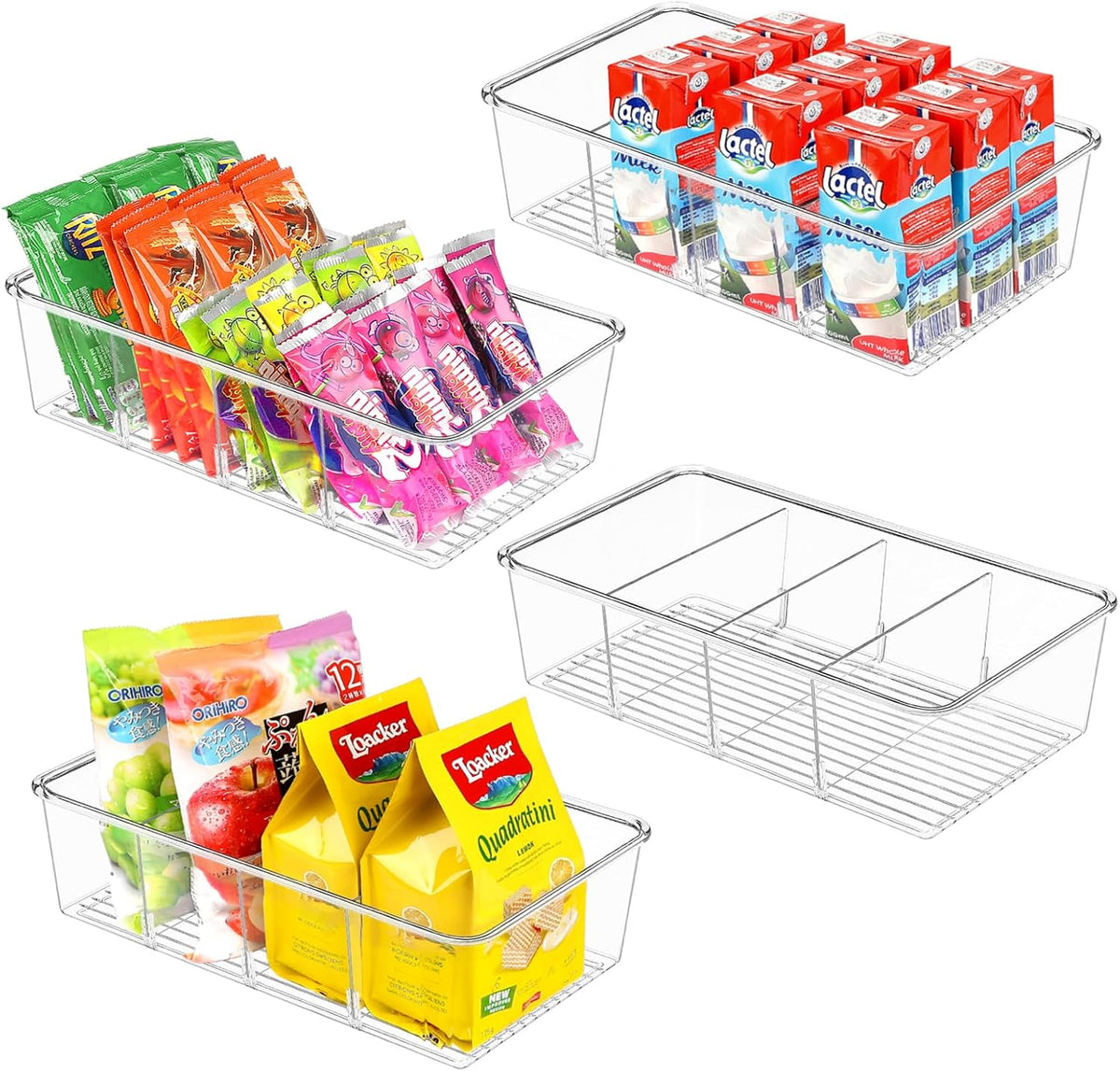 ZIZOTI Snack Organizer for Pantry Shelf, Clear Plastic Pantry Storage Bins with 3 Dividers for Snacks, Spices, Chips Food Organizer, Stackable Pantry Organizers for Kitchen, Fridge, Cabinet